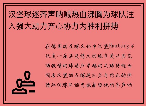 汉堡球迷齐声呐喊热血沸腾为球队注入强大动力齐心协力为胜利拼搏