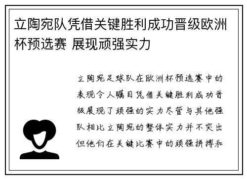 立陶宛队凭借关键胜利成功晋级欧洲杯预选赛 展现顽强实力