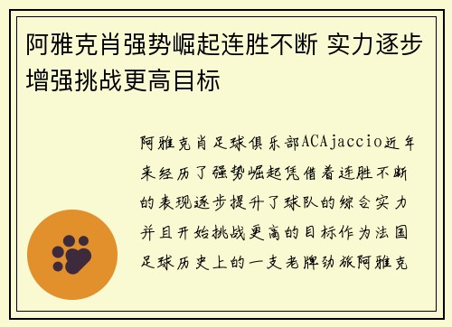 阿雅克肖强势崛起连胜不断 实力逐步增强挑战更高目标
