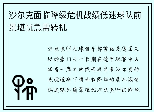 沙尔克面临降级危机战绩低迷球队前景堪忧急需转机