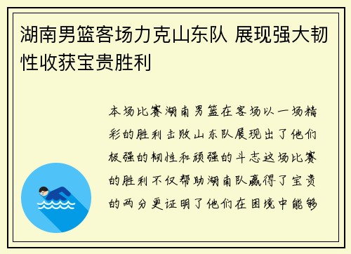 湖南男篮客场力克山东队 展现强大韧性收获宝贵胜利