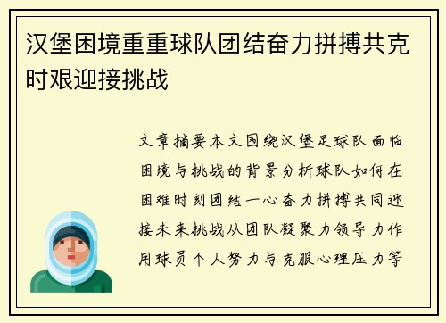 汉堡困境重重球队团结奋力拼搏共克时艰迎接挑战